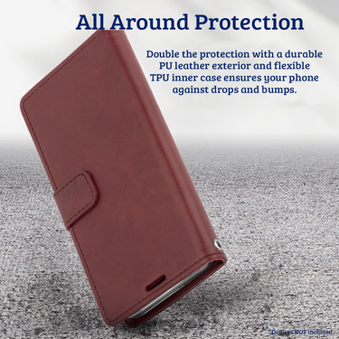 iPhone 15 Pro Max Flip Diary Case Cover with Card Holder - Convertible to Media Stand, Magnetic Clasp Closure, Drop Tested, Soft and Strong PU Leather with Front Screen Cover - Wine